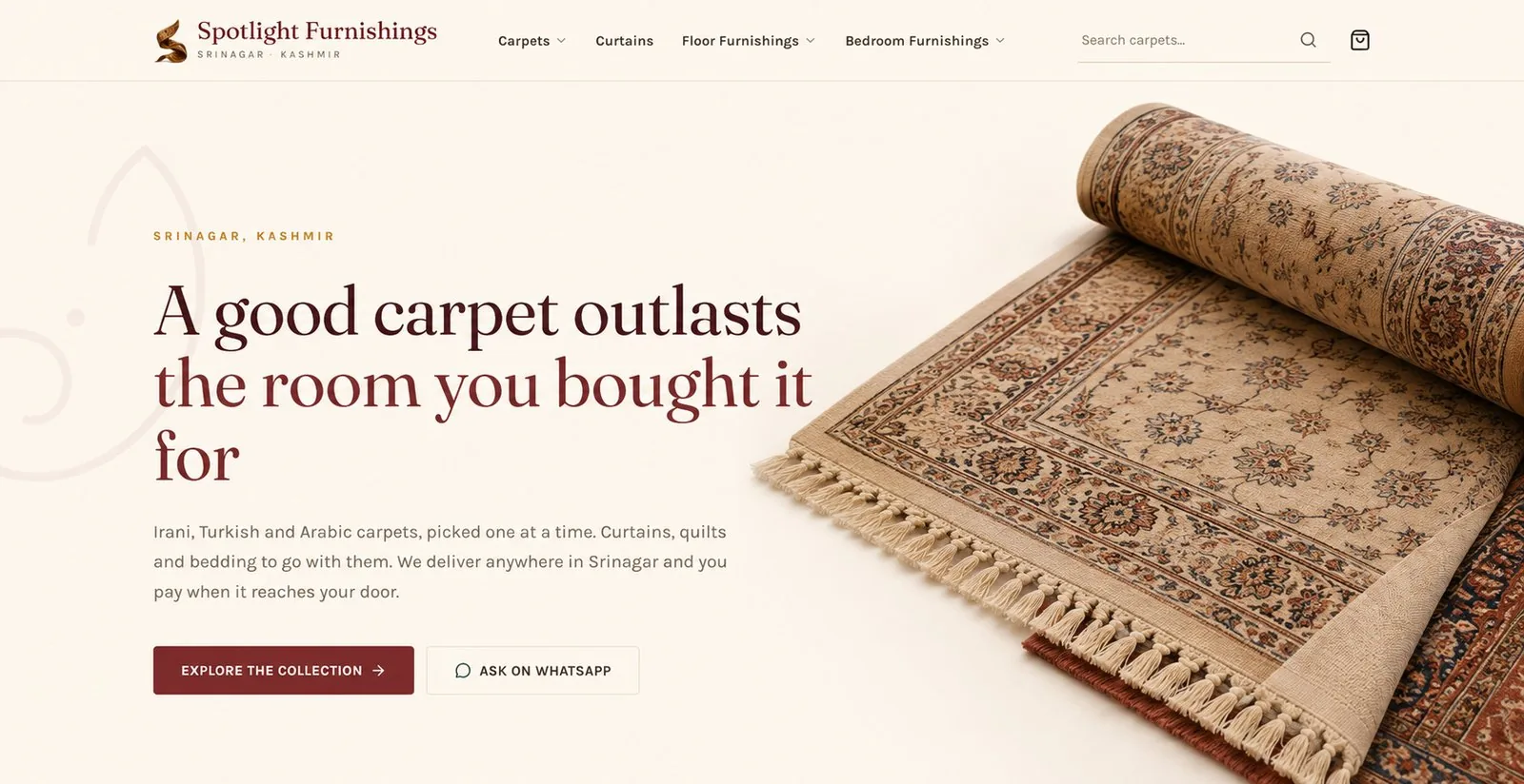 Spotlight Furnishings storefront: a carpet and home-furnishings shop in Srinagar, with a hand-knotted carpet unrolled beside the headline