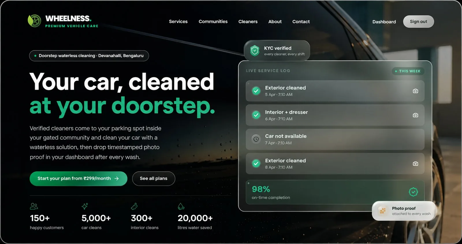 Wheelness home page: doorstep car cleaning for gated communities in Bengaluru, with a live service log of timestamped photo proof